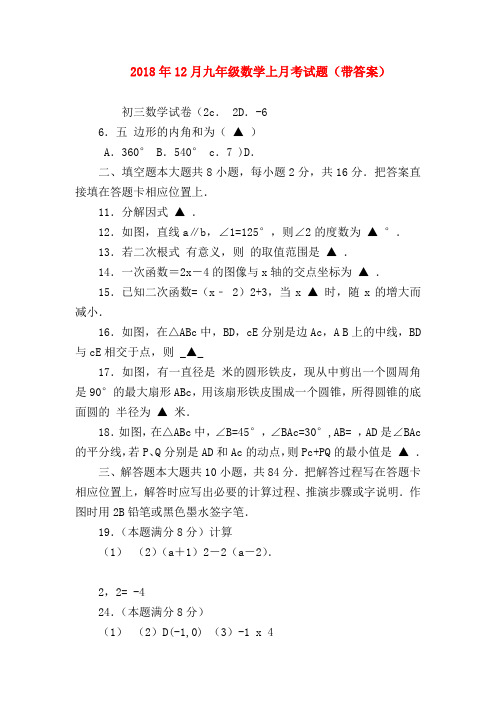 【九年级数学试题】2018年12月九年级数学上月考试题(带答案)