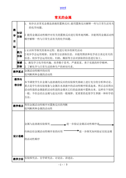 山东省临淄外国语实验学校九年级化学全册《10.2 金属的化学性质(第2课时)》教案 鲁教版五四制