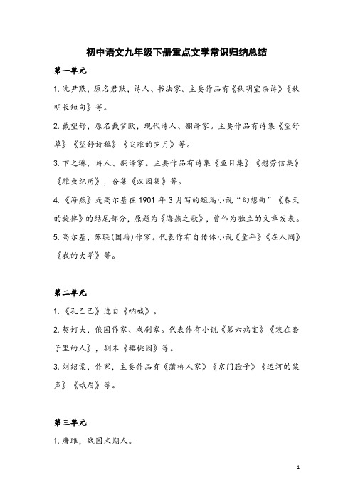 初中语文九年级下册重点文学常识归纳总结