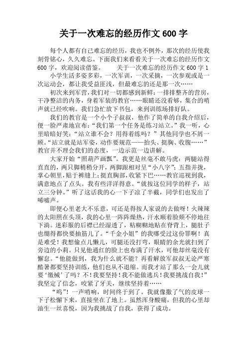 关于一次难忘的经历作文600字