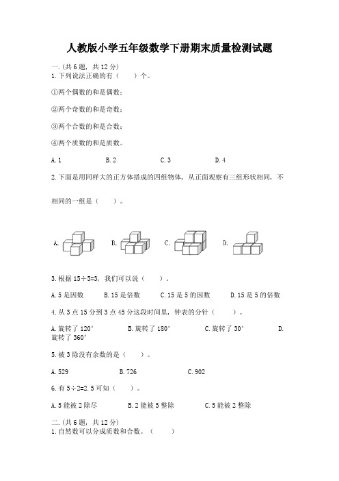 人教版小学五年级数学下册期末质量检测试题及参考答案【预热题】