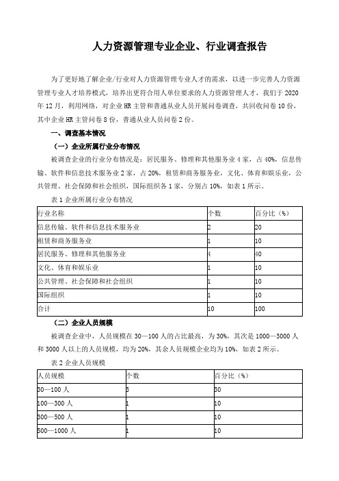 人力资源管理专业企业、行业调查报告