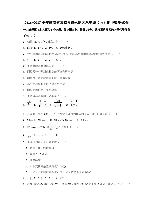 湖南省张家界市永定区2016-2017学年八年级第一学期期中数学试卷(含解析)