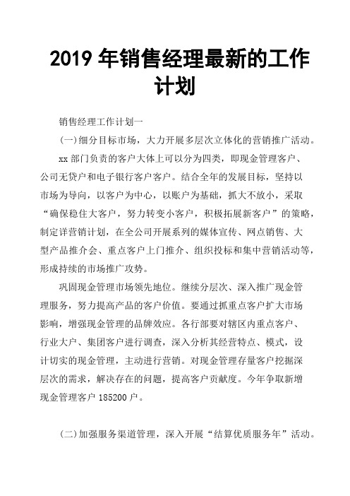 2019年销售经理最新的工作计划