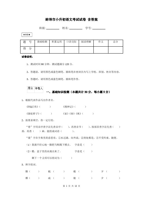 蚌埠市小升初语文考试试卷 含答案