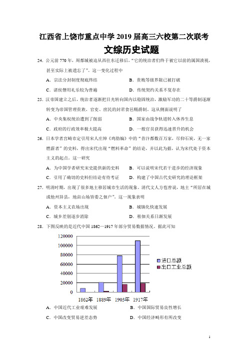 江西省上饶市重点中学2019届高三六校第二次联考文综历史试题(Word版)