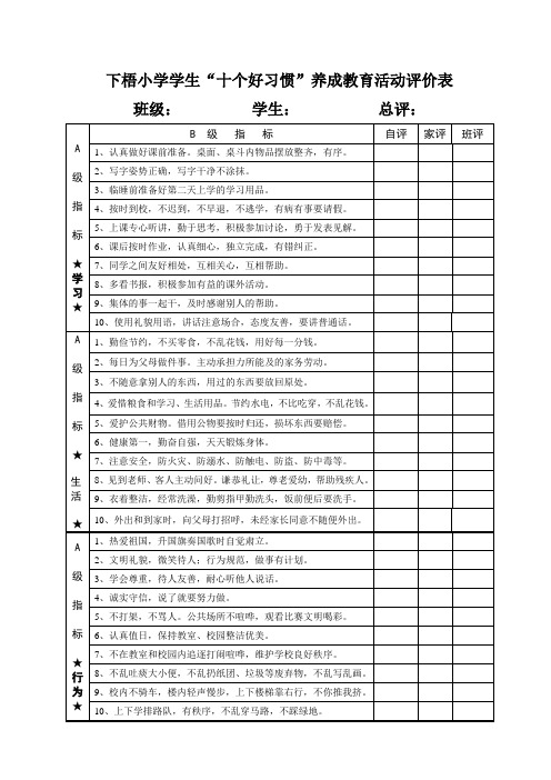 下梧小学学生十个好习惯评价表