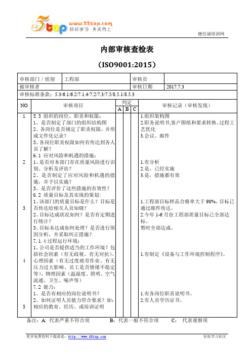 ISO9001工程部内审查检表范例