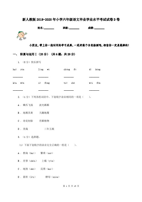 新人教版2019-2020年小学六年级语文毕业学业水平考试试卷D卷