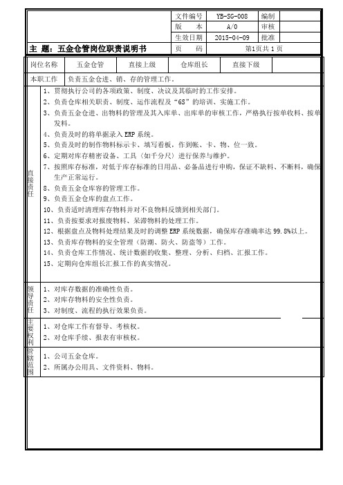 YB-SG-008A0  五金仓仓管员岗位位职责说明书