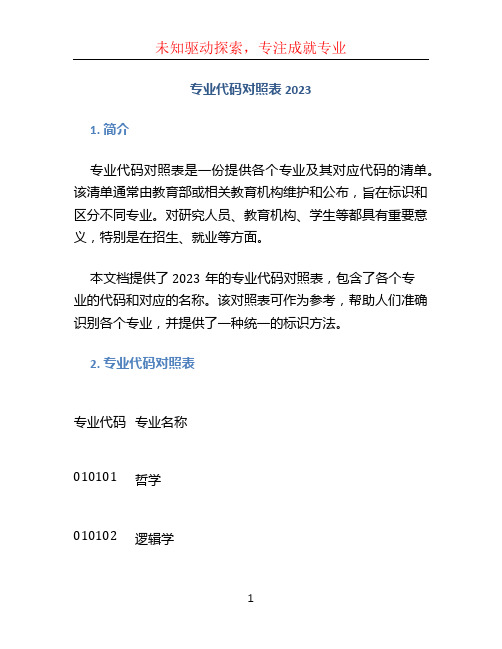 专业代码对照表2023