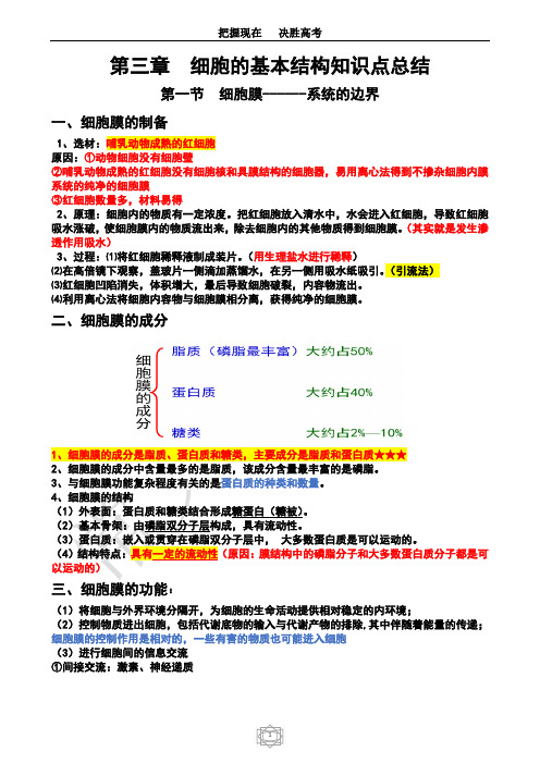 必修一 高考生物 第三章细胞的基本结构知识点总结