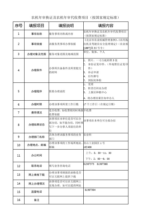 农机年审换证及农机年审代收费项目(按国家规定标准)