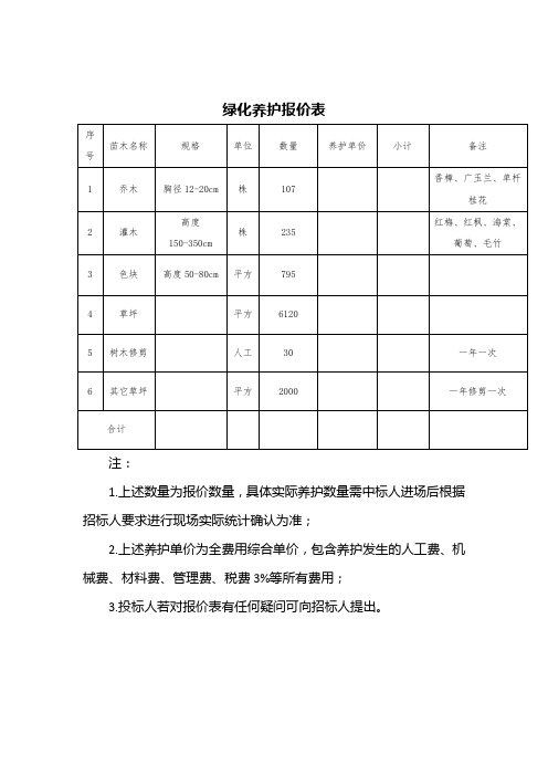 绿化养护报价表