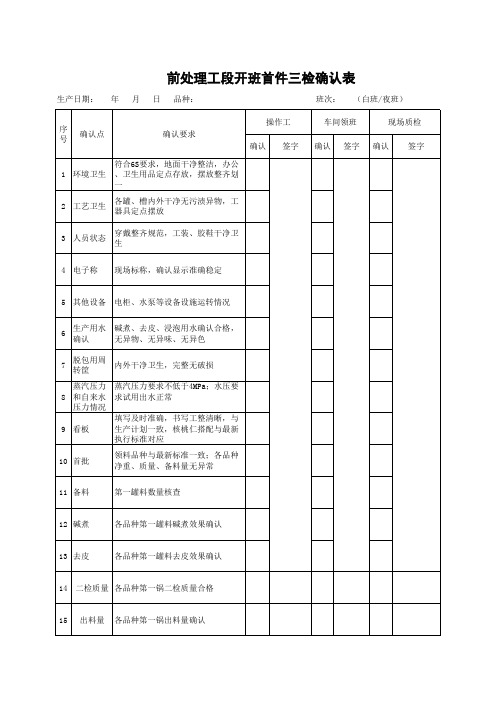 前处理工段开班首件三检确认表