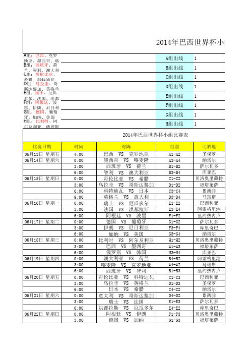 2014年巴西世界杯赛程表(球迷实用)