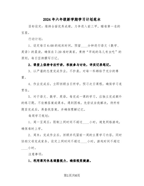 2024年六年级新学期学习计划范本（四篇）