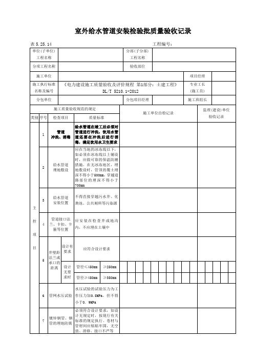 表5.25.14室外给水管道安装检验批质量验收记录