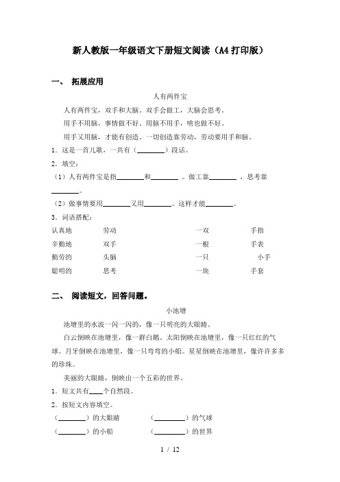 新人教版一年级语文下册短文阅读(A4打印版)