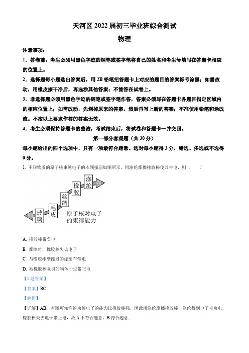 2022年广东省广州市天河区九年级毕业班综合测试(一模)物理试题(解析版)