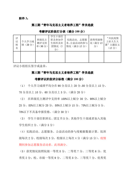 青马工程选拔 学生考察评议阶段打分表及评分标准