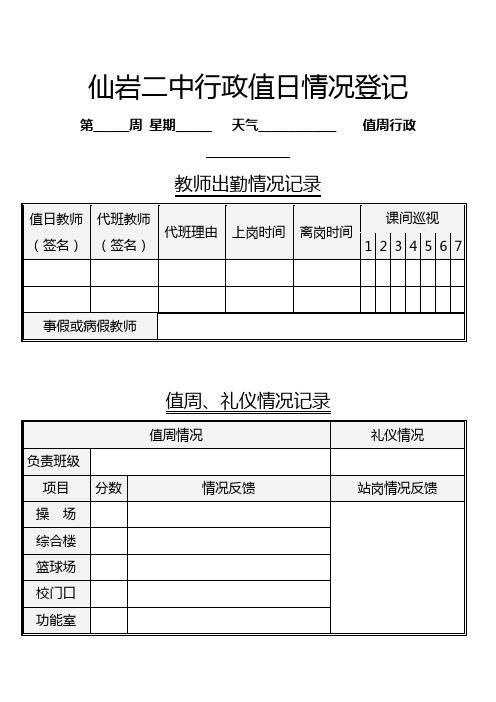 瓯海区仙岩第二中学值日教师登记表