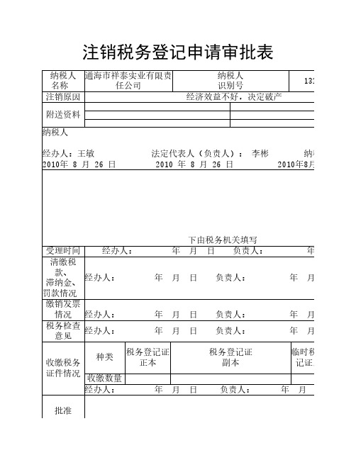 注销税务登记申请审批表