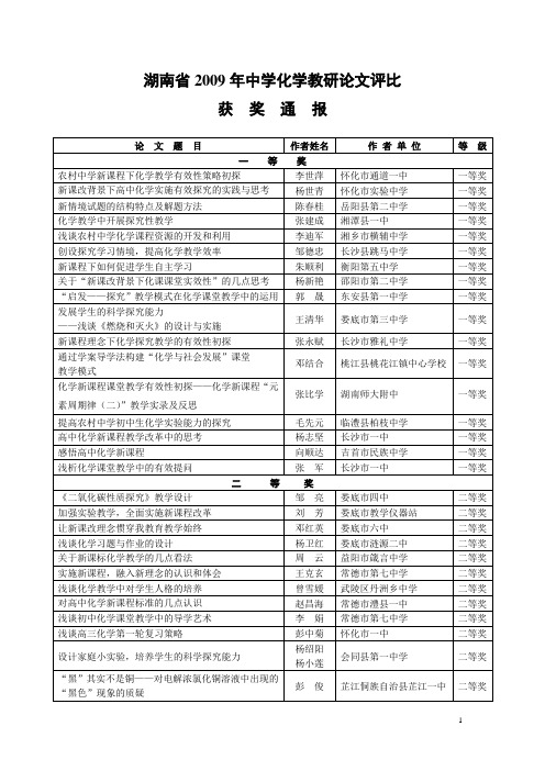 湖南省2009年中学化学教研论文评比