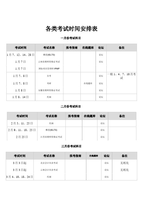 各类考试时间表 每年都会进行的考试时间安排