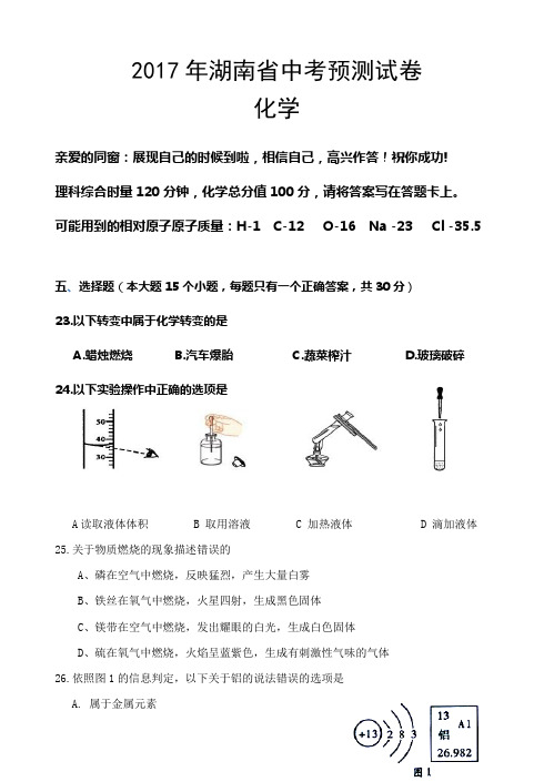 2017年湖南省中考化学预测试卷含答案