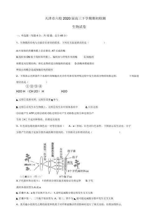 天津市六校2020届高三下学期期初检测生物试卷(有答案)