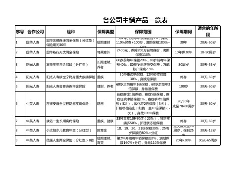 各公司主销产品一览表