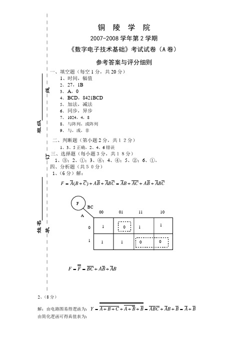 数字电子技术基础A卷参考答案及评标