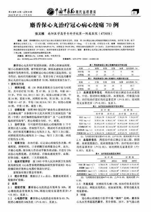 麝香保心丸治疗冠心病心绞痛70例