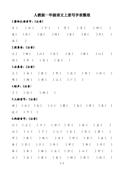 人教版一年级语文上册写字表整理