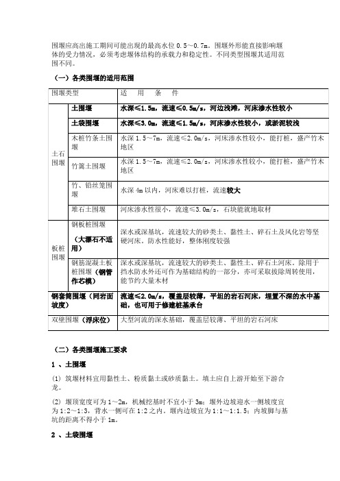 围堰的适用范围及施工要求