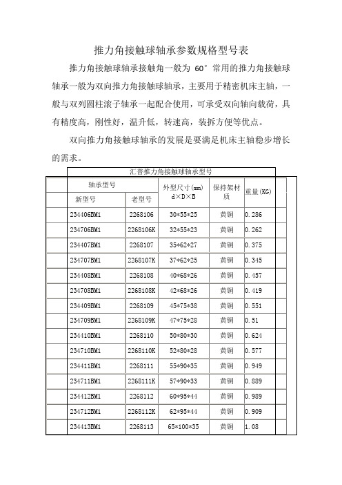 推力角接触球轴承参数规格型号表