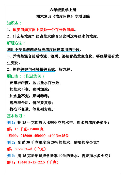 六年级数学上册期末专题复习：《浓度问题》训练