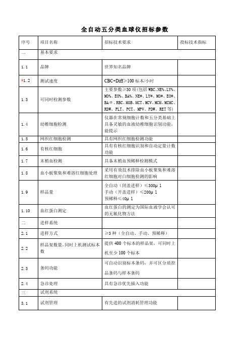 全自动五分类血球仪招标参数