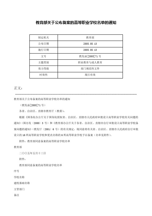 教育部关于公布备案的高等职业学校名单的通知-教发函[2005]71号