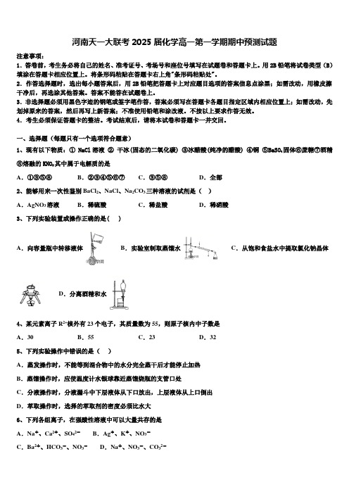 河南天一大联考2025届化学高一第一学期期中预测试题含解析