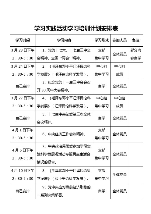 学习实践活动学习培训计划安排表