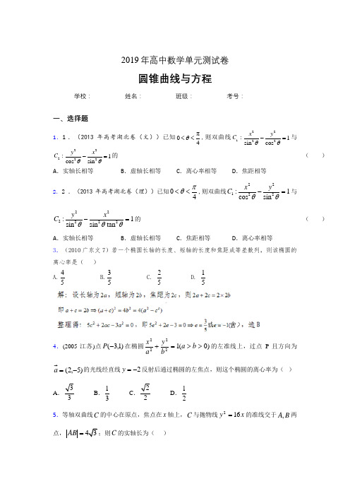 精选最新版2019高中数学单元测试《圆锥曲线方程》考核题完整版(含参考答案)