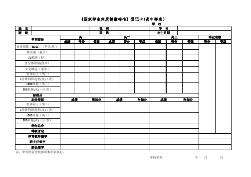 国家学生体质健康标准登记卡高中样表