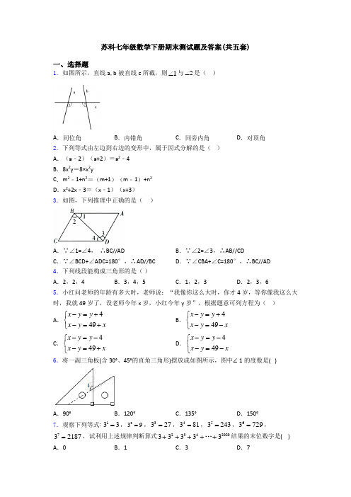 苏科七年级数学下册期末测试题及答案(共五套)