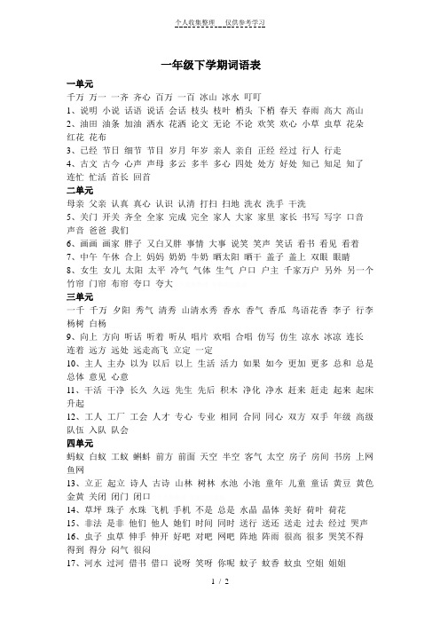 一年级下学期词语表