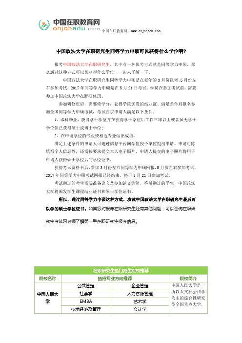 中国政法大学在职研究生同等学力申硕可以获得什么学位啊
