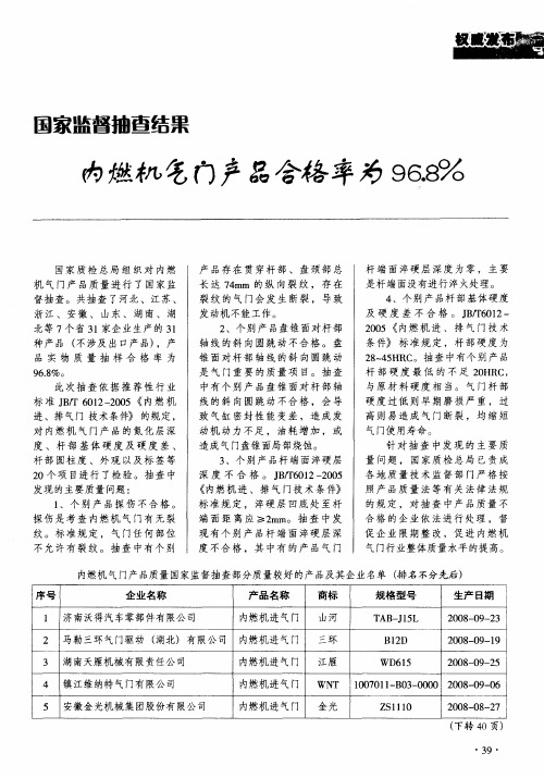 国家监督抽查结果 内燃机气门产品合格率为96.8%