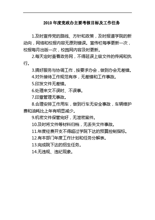 2010年度党政办主要考核目标及工作任务