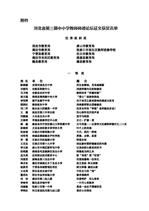 河北省第三届中小学教师师德论坛征文获奖名单